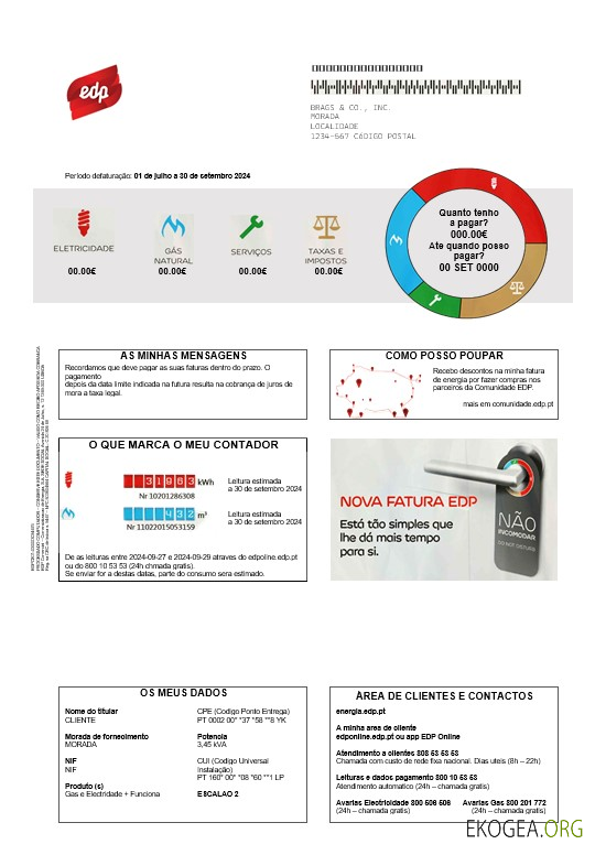 Modèle de facture de services publics EDP du Portugal aux formats Word et PDF, bon pour prouver l'adresse